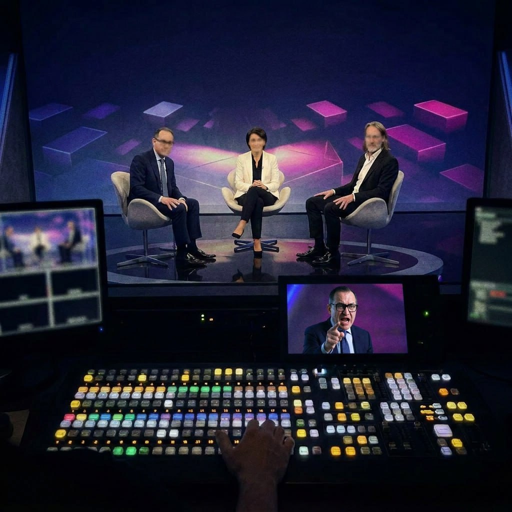 Bildmischpult mit Vorschau-Monitoren während der Live-Regie