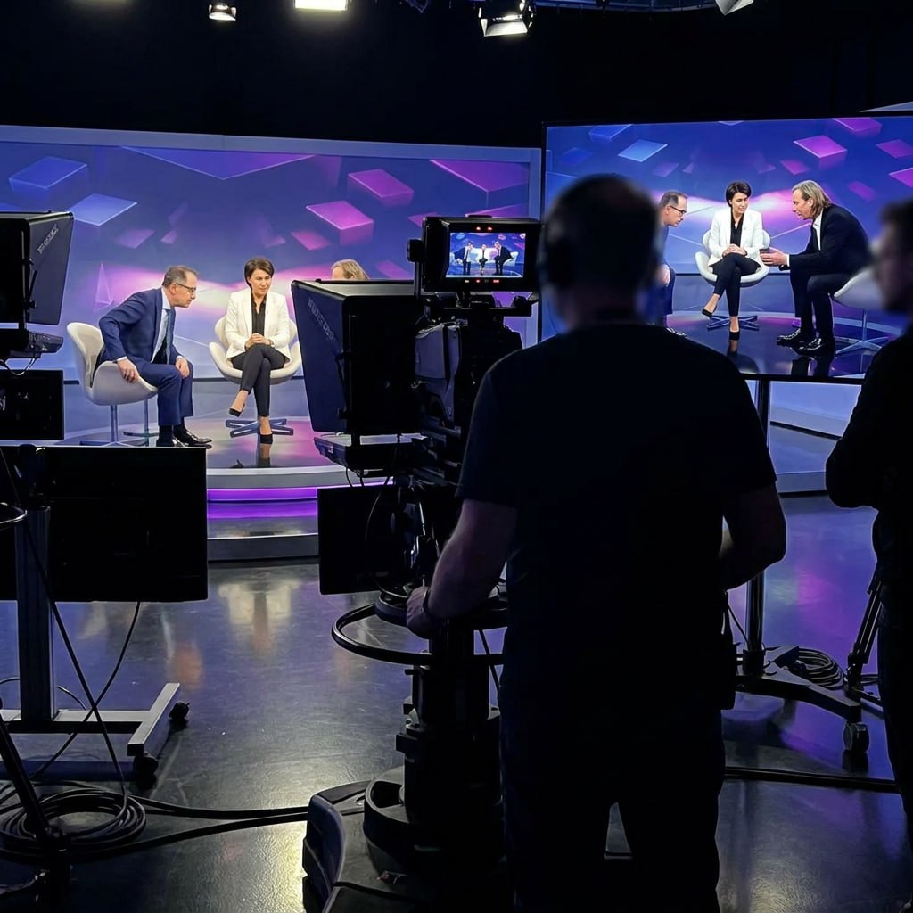 Mehrkamera-Aufbau im Studio: Operator an der Kamera, Talk-Set im Hintergrund