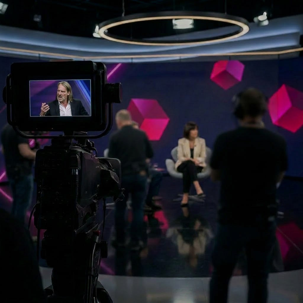 Talk-Set von Studio Prisma: Kamera im Vordergrund, Moderation auf der Bühne, im Hintergrund die Crew
